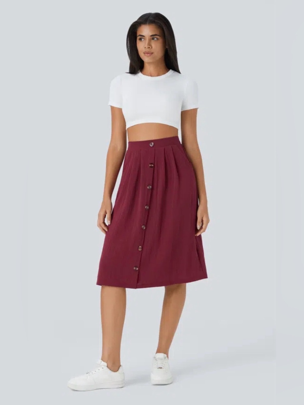 HALARA Button-Front Midi Skirt in Burgundy